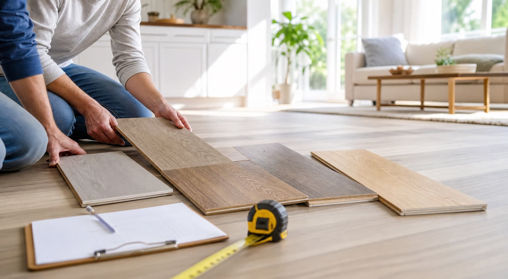 Flooring samples being compared in a bright home during an in-home consultation