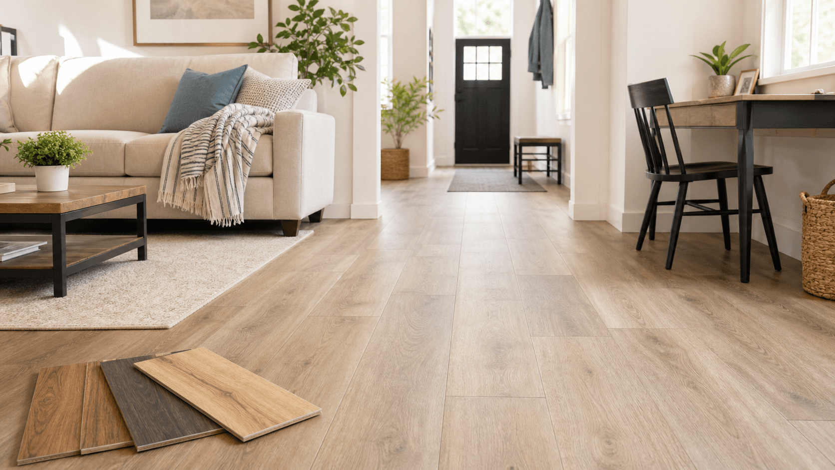 Bright family room with laminate wood-look flooring samples