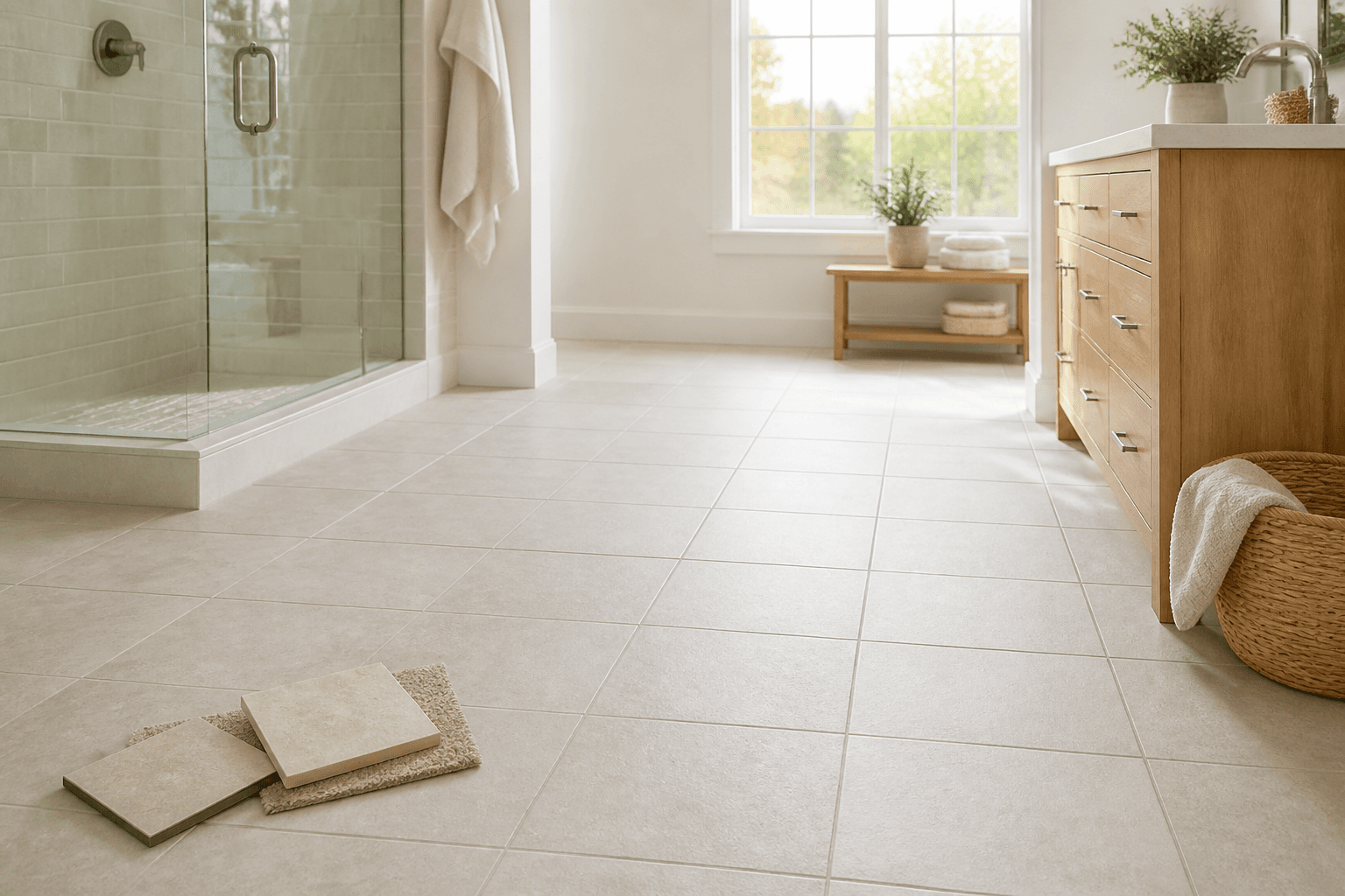 Bright bathroom with clean tile flooring